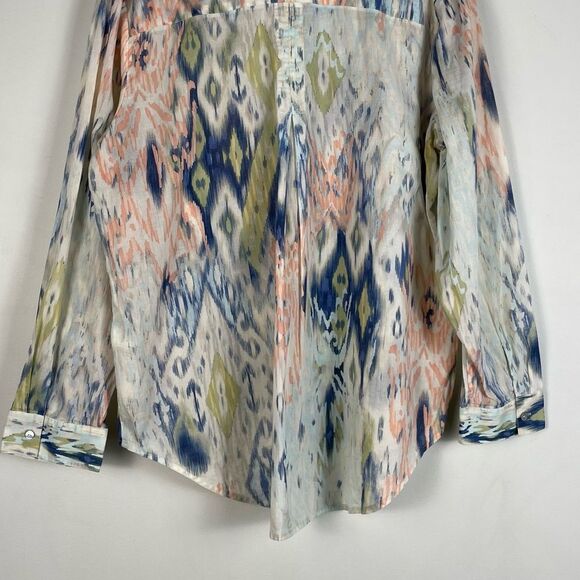 Chico's Watercolor Ikat Blue Green‎ Cotton Button Down Shirt Lightweight Size L - Picture 10 of 14